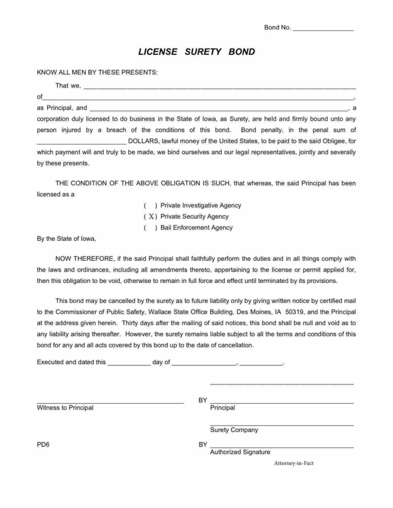 Iowa Private Security Agency Bond Form