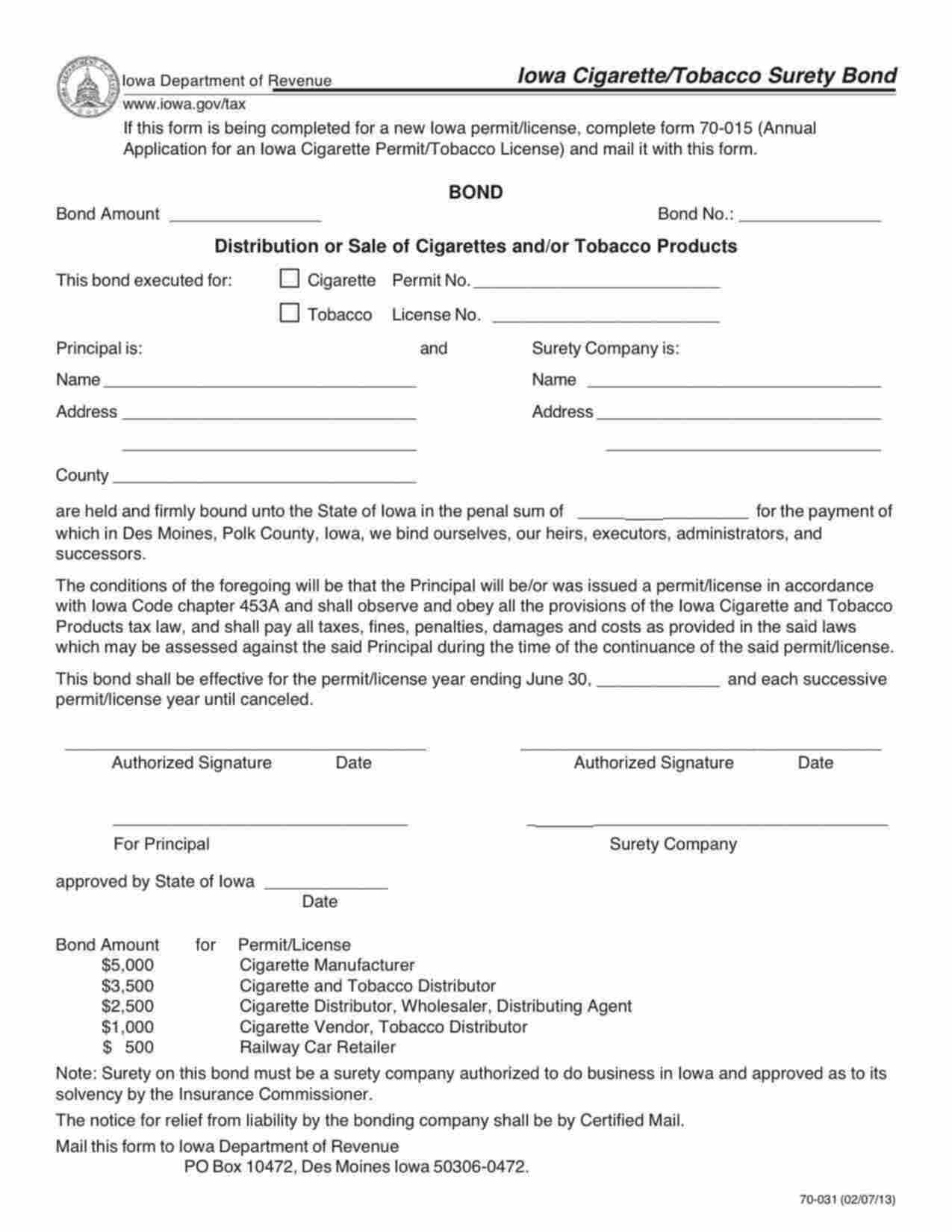 Iowa Distribution or Sale of Cigarettes and/or Tobacco Products Bond Form