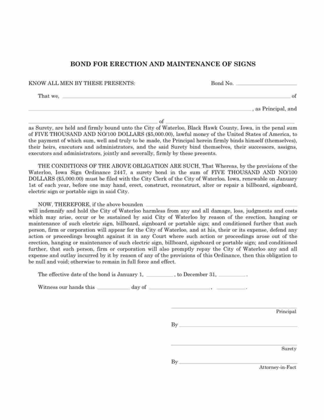 Iowa Erection and Maintenance of Signs Bond Form