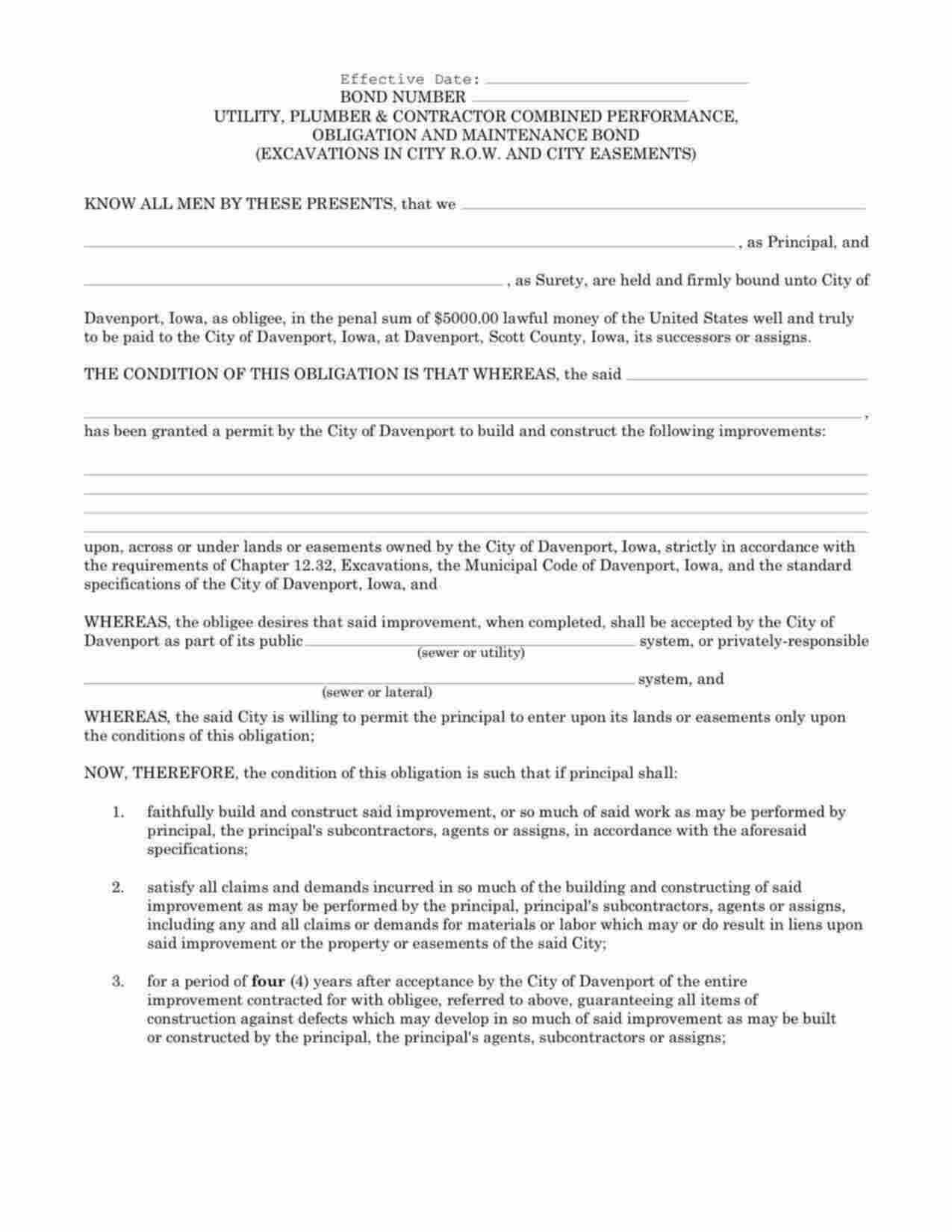 Iowa Utility, Plumber & Contractor Combined Performance Bond Form