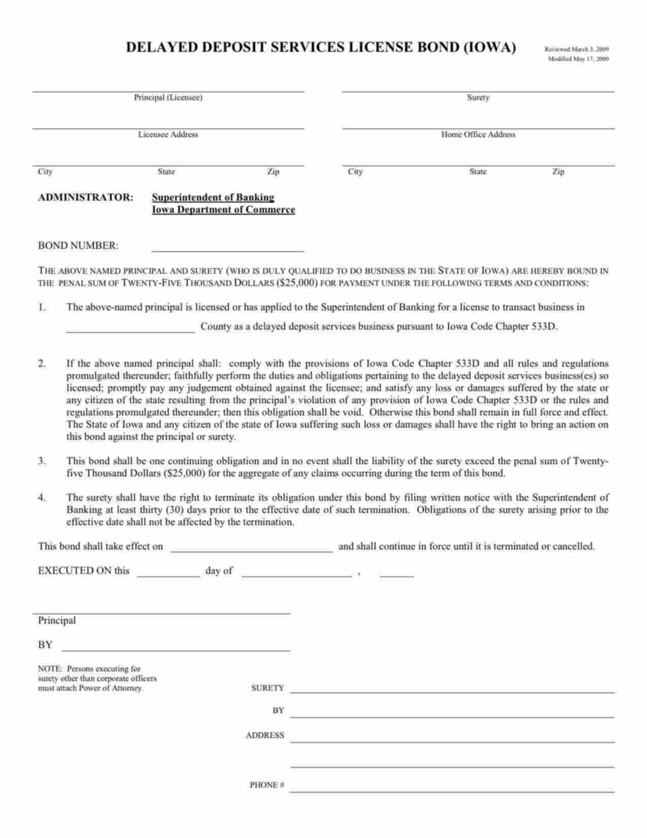 Iowa Delayed Deposit Services License Bond Form