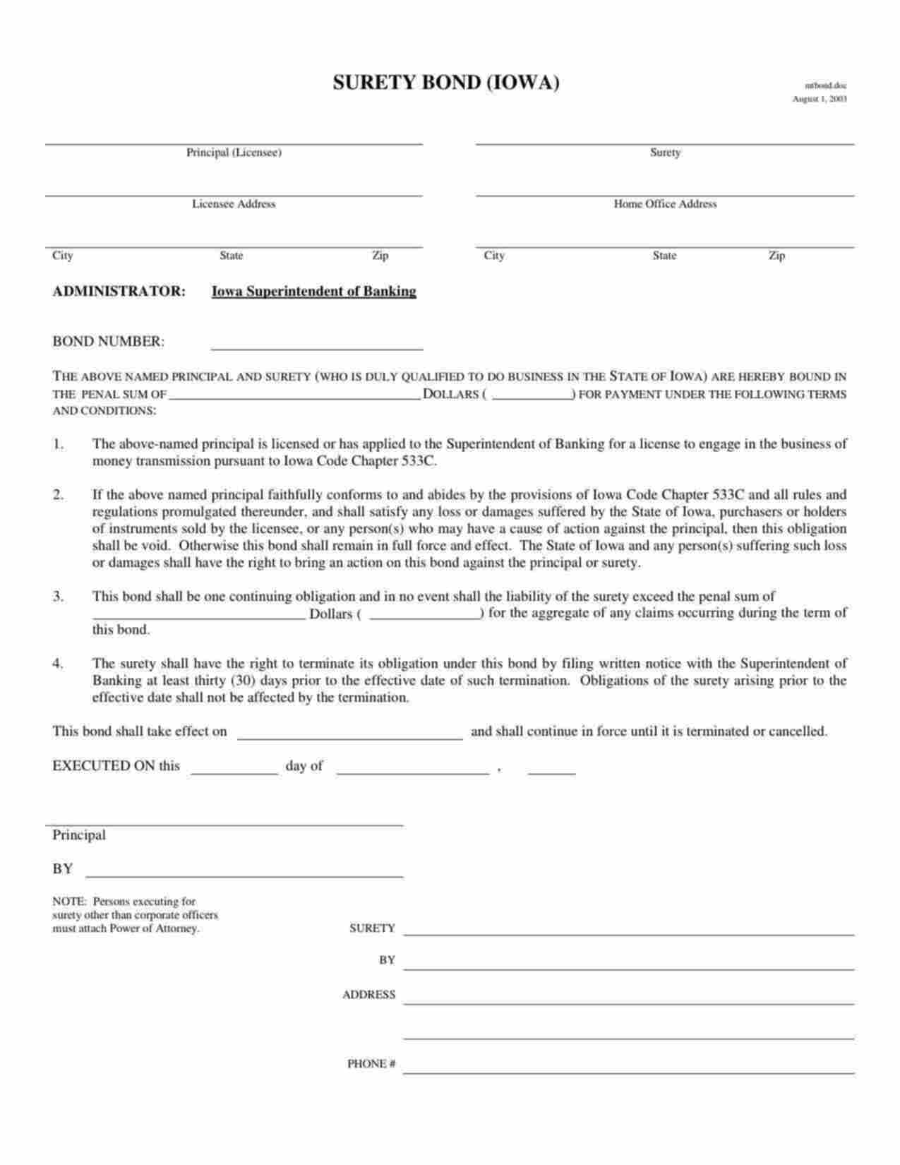 Iowa Delayed Deposit Services License Bond Form