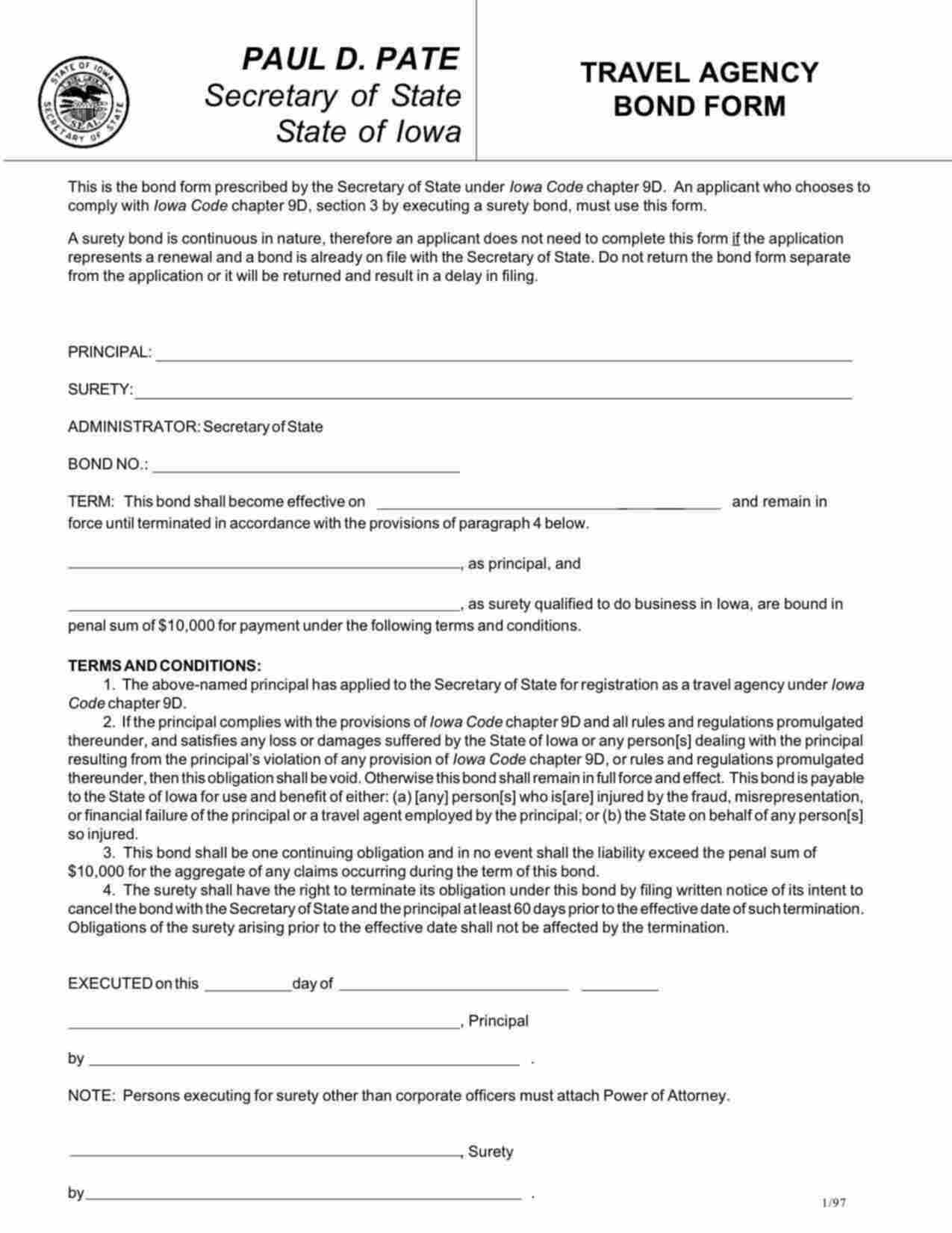 Iowa Travel Agency Bond Form