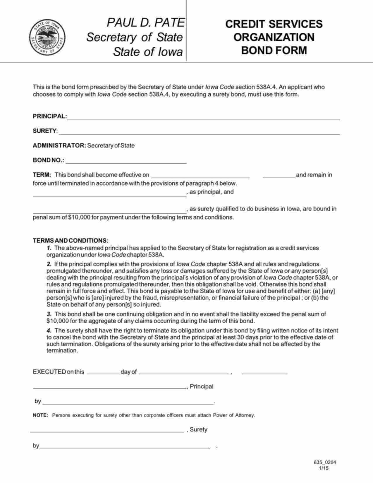 Iowa Credit Services Organization Bond Form