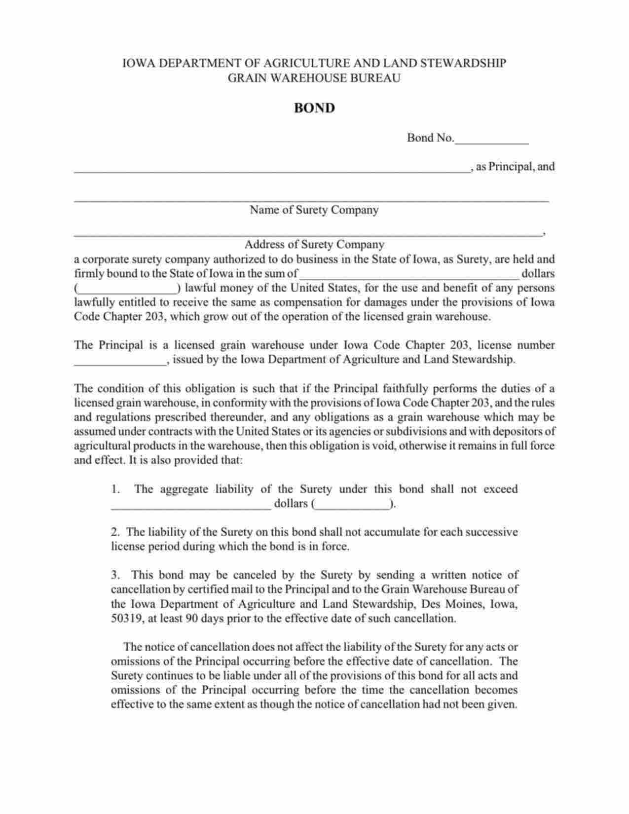 Iowa Grain Warehouse Bond Form