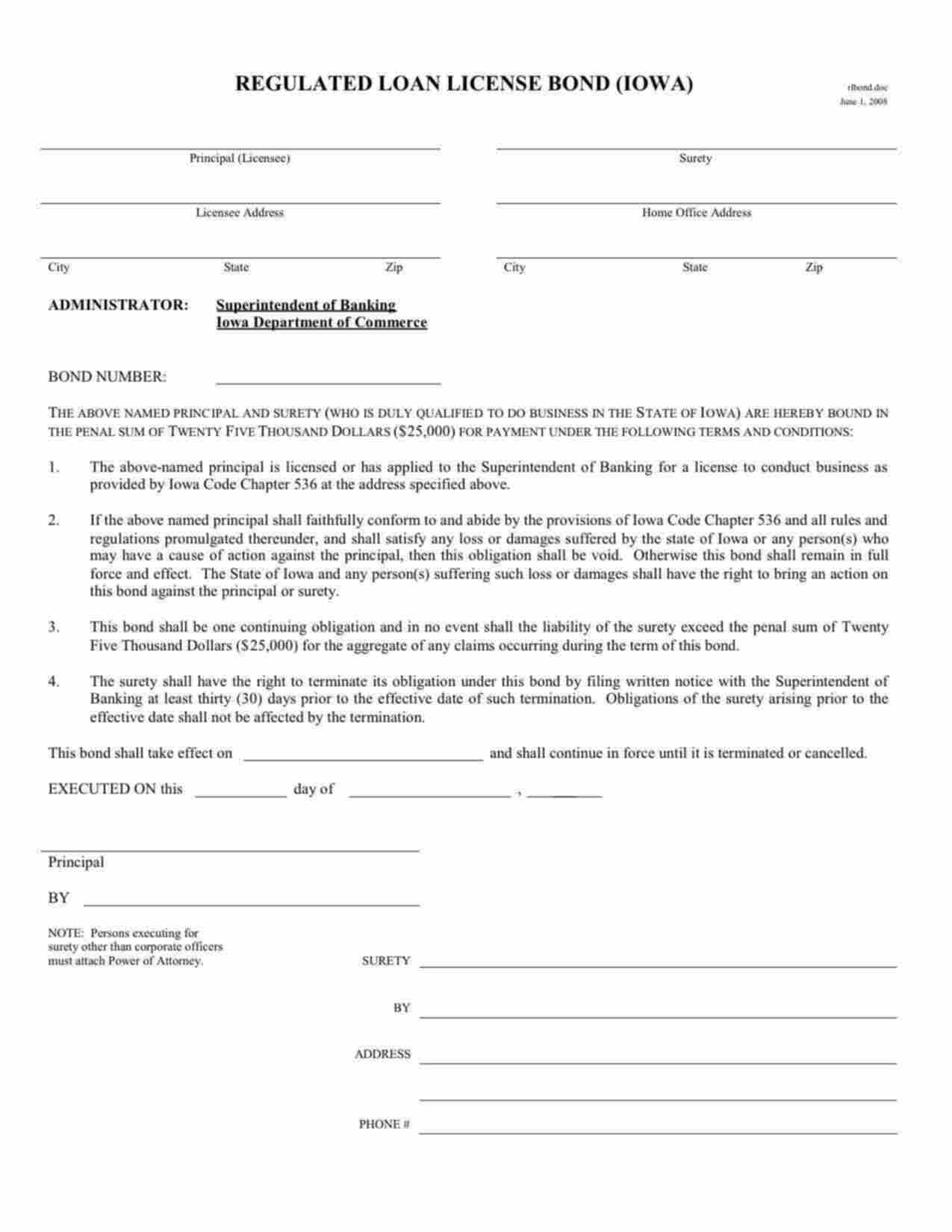 Iowa Regulated Loan License Bond Form