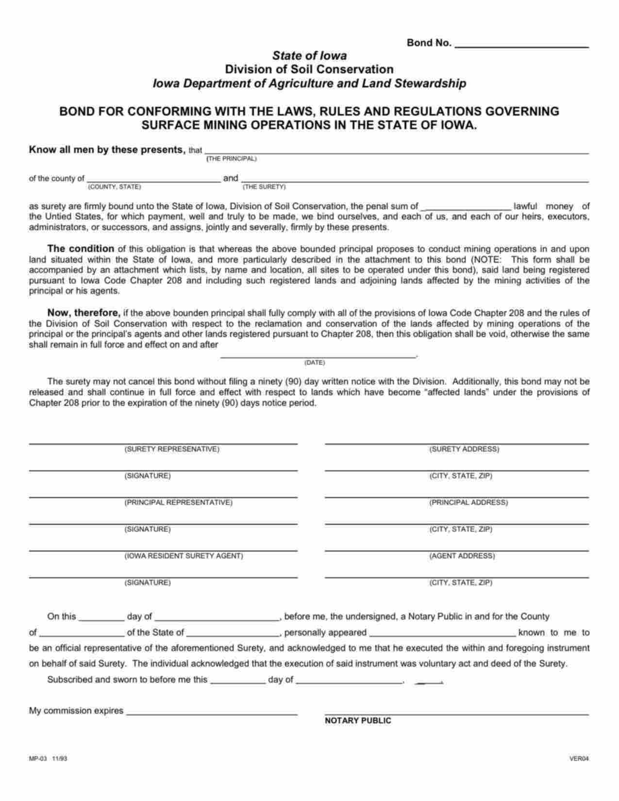 Iowa Surface Mining Operations Bond Form