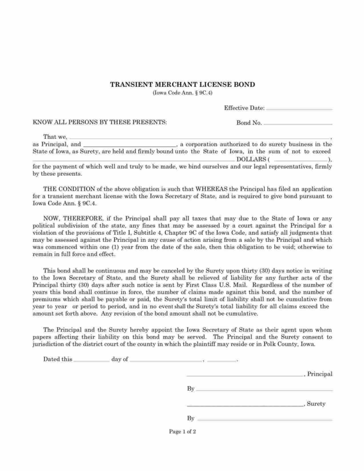 Iowa Transient Merchant License Bond Form