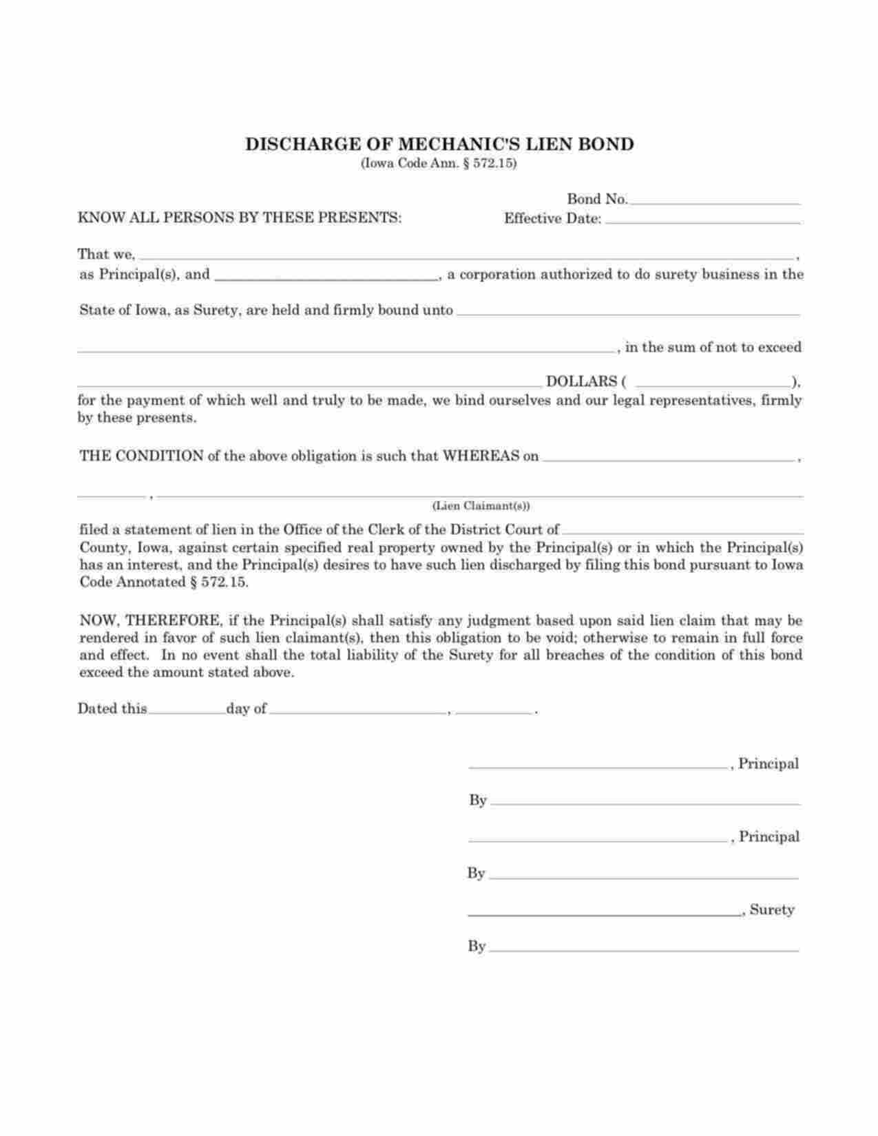 Iowa Discharge of Mechanics Lien Bond Form