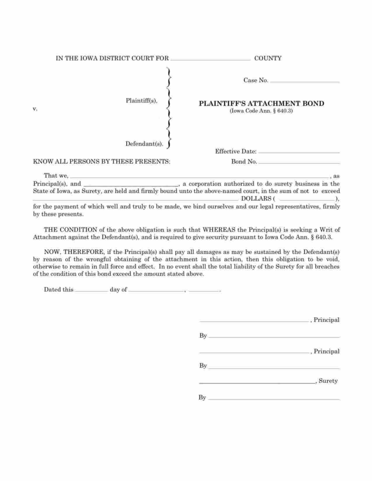 Iowa Plaintiffs Attachment Bond Form
