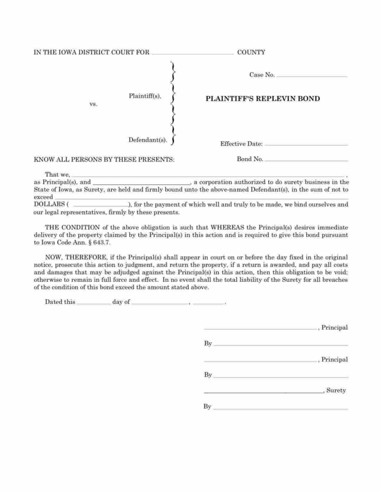 Iowa Plaintiffs Replevin Bond Form