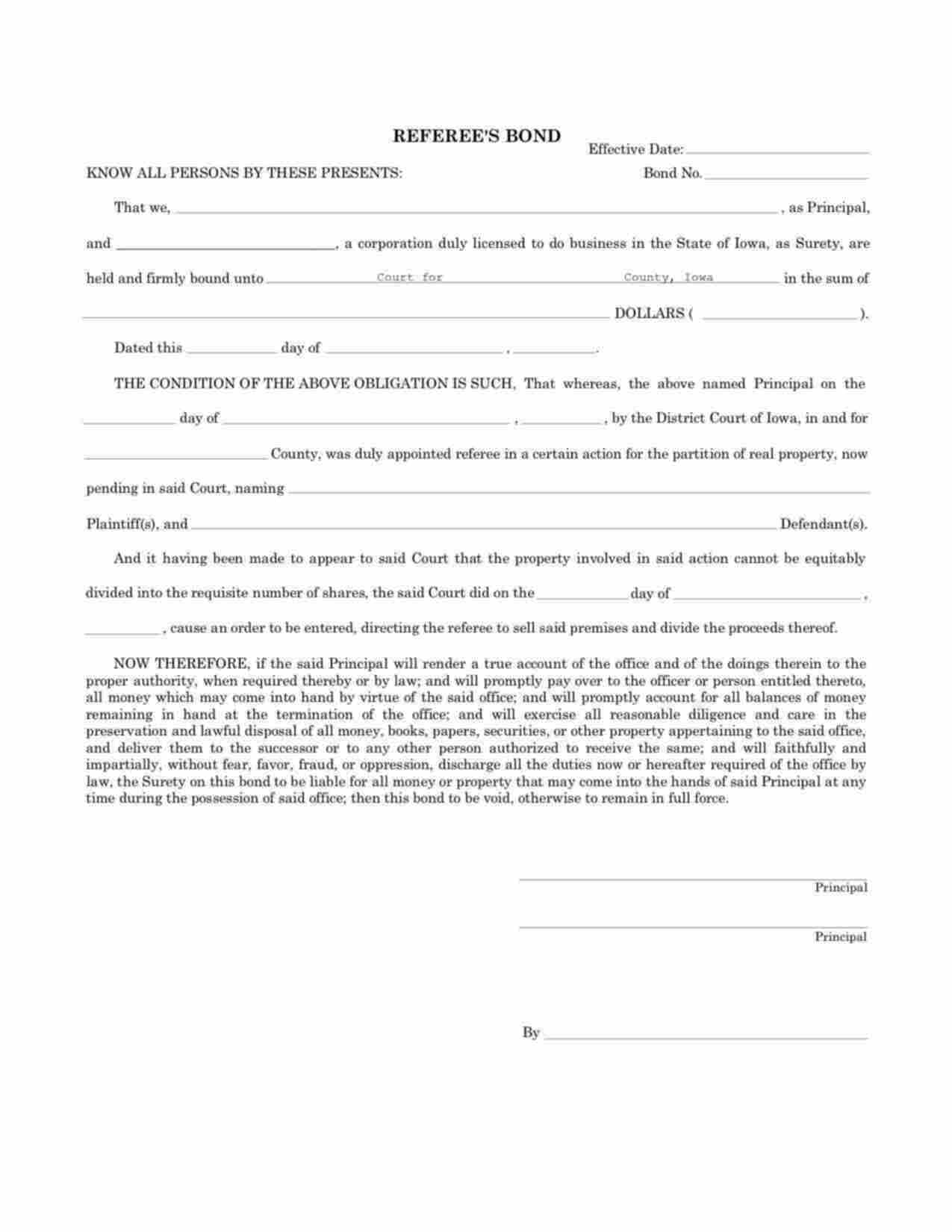 Iowa Referee Bond Form