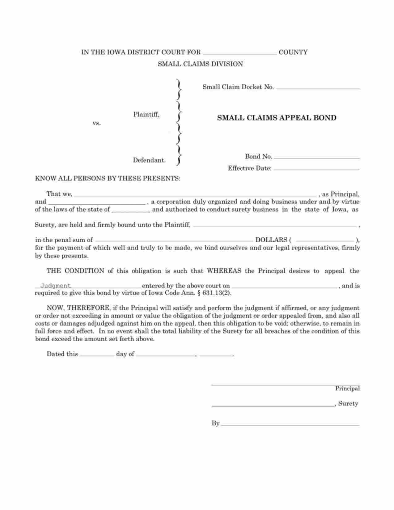 Iowa Small Claims Appeal Bond Form