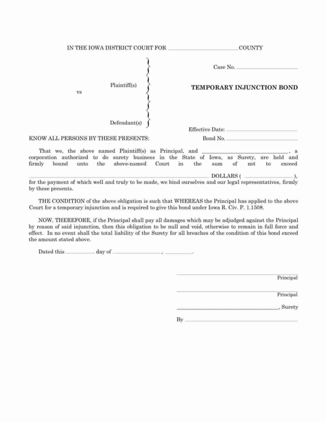 Iowa Temporary Injunction Bond Form