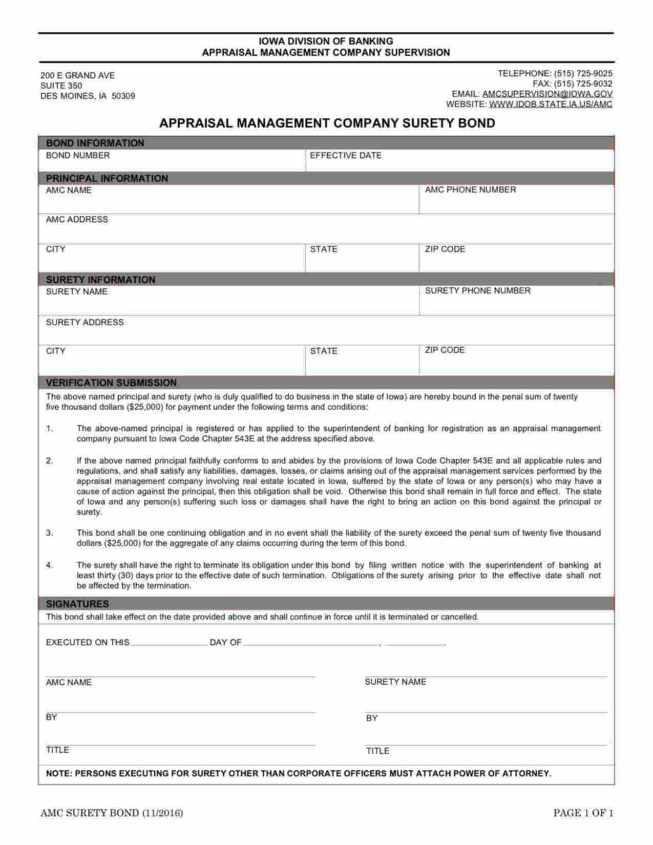 Iowa Appraisal Management Company Bond Form