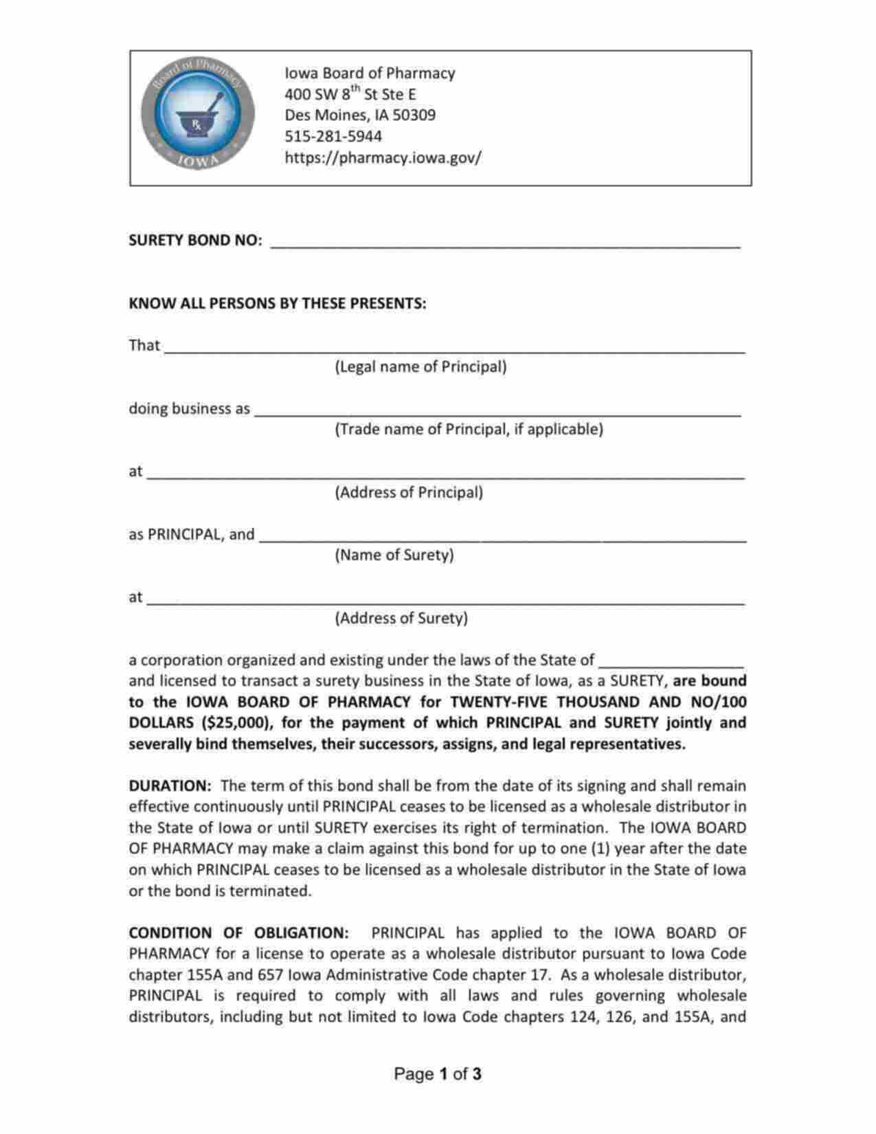 Iowa Wholesale Distributor (Pharmacy) Bond Form