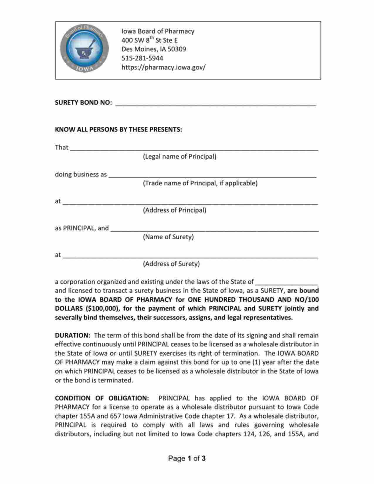 Iowa Wholesale Distributor (Pharmacy) Bond Form