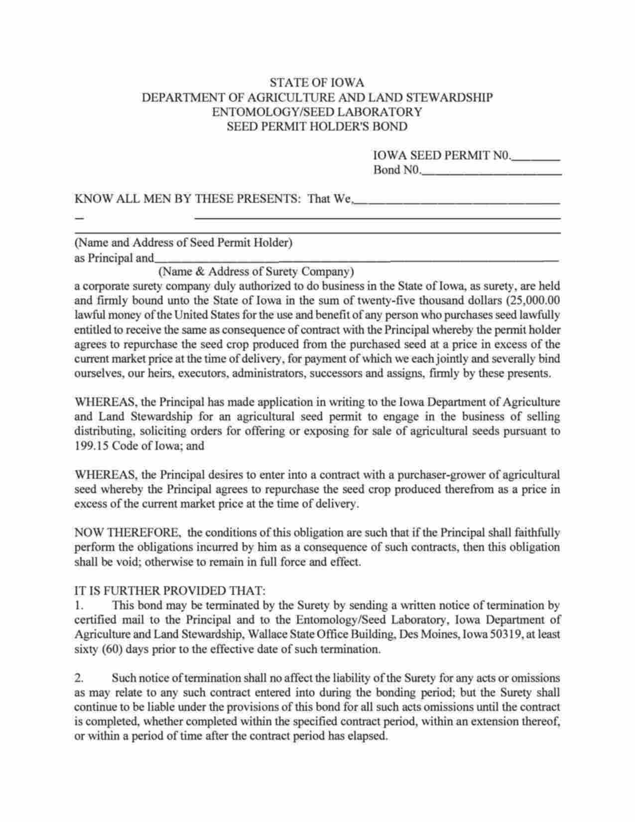 Iowa Seed Permit Holder Bond Form