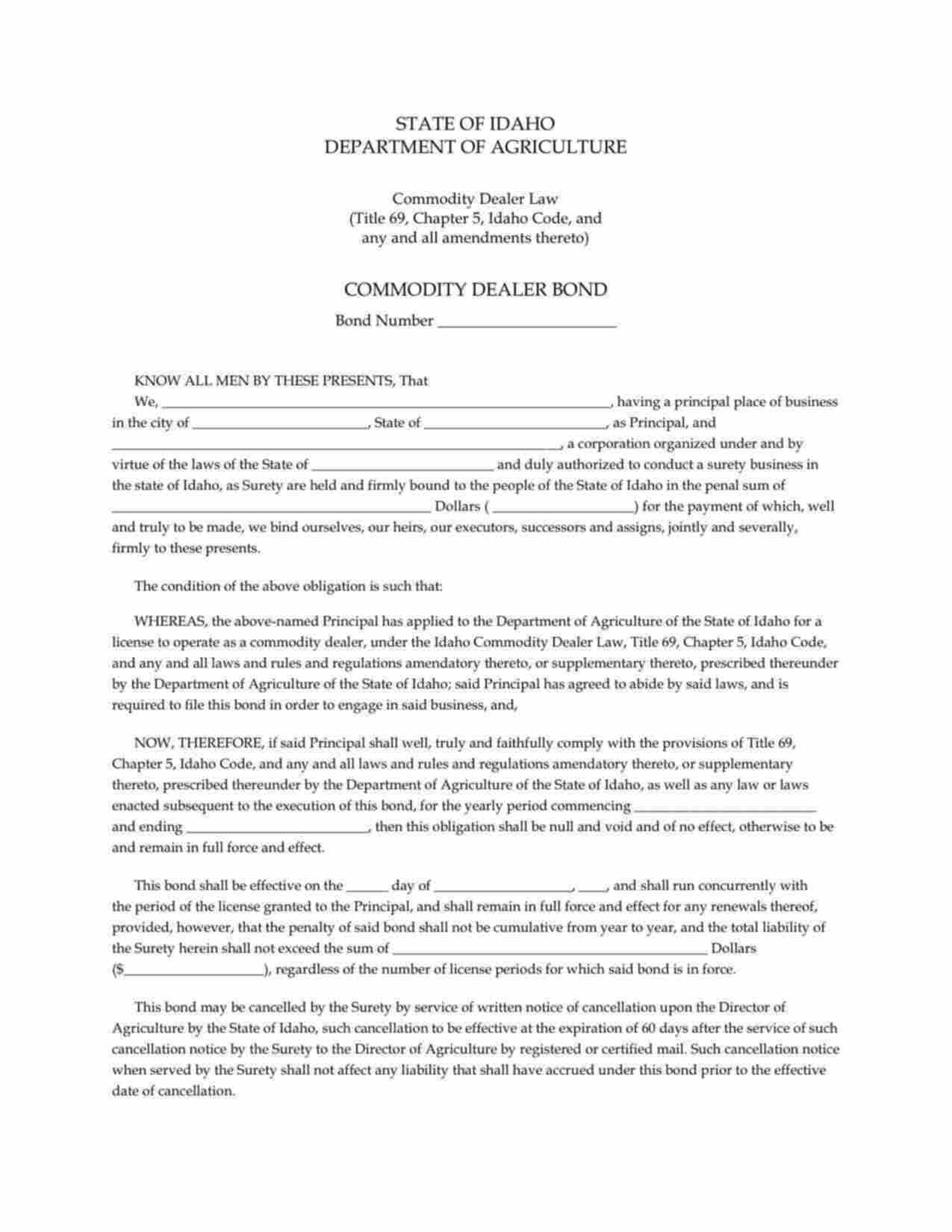 Idaho Commodity Dealer Bond Form