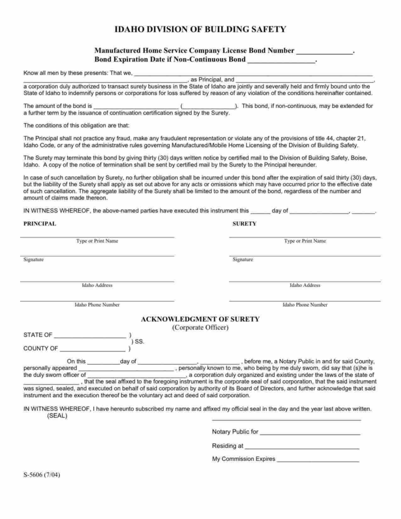 Idaho Manufactured Home Service Company License Bond Form