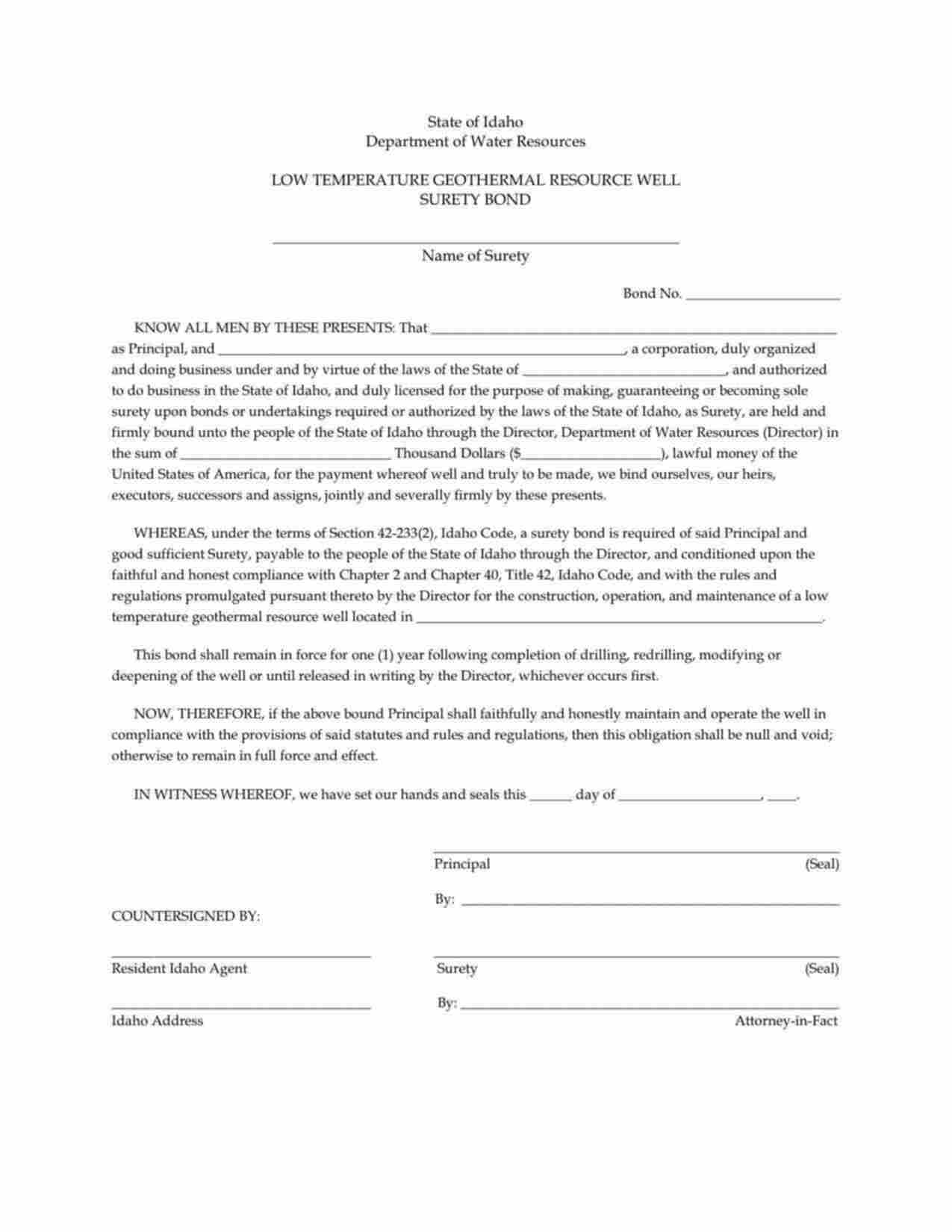 Idaho Low Temperature Geothermal Resource Well Bond Form