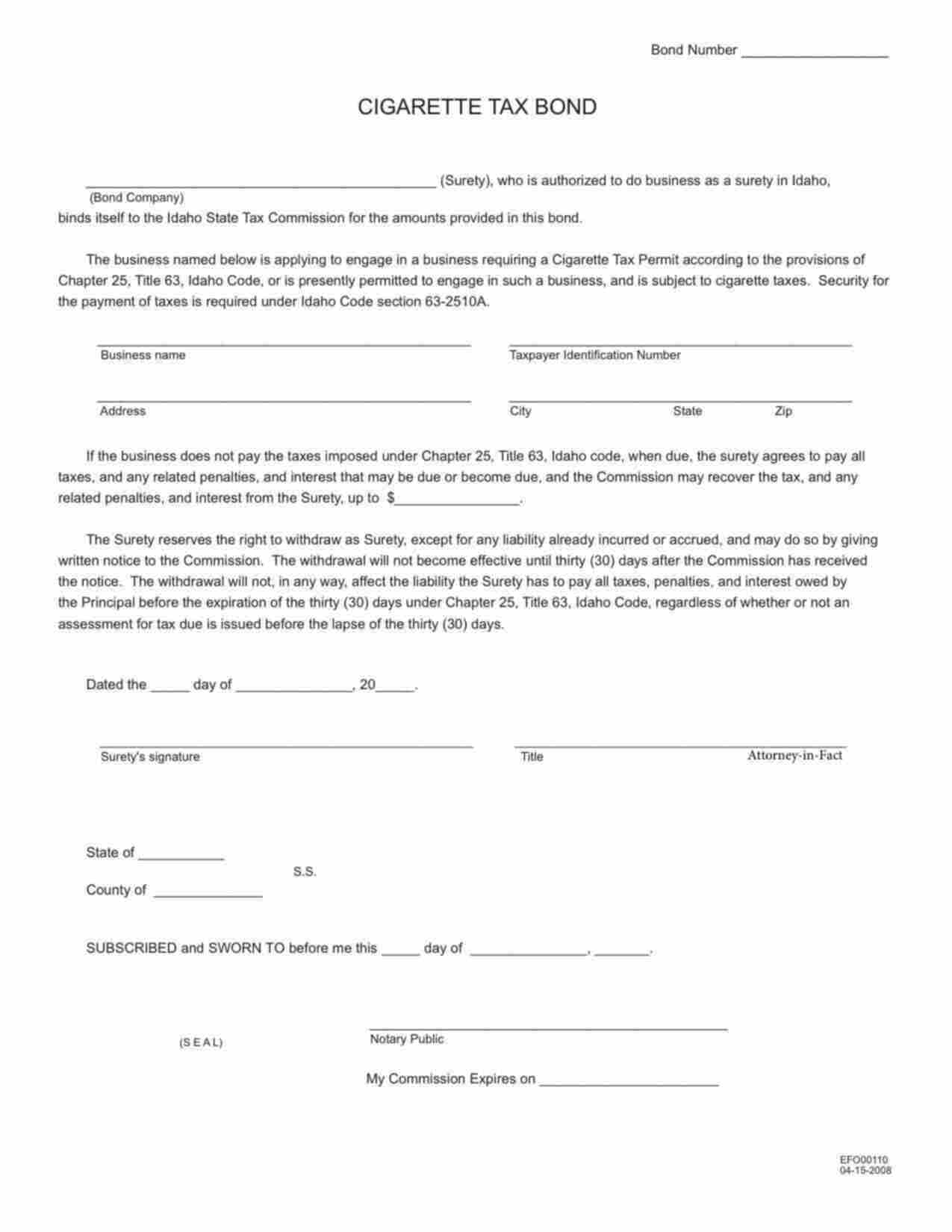 Idaho Cigarette Tax Permit Bond Form