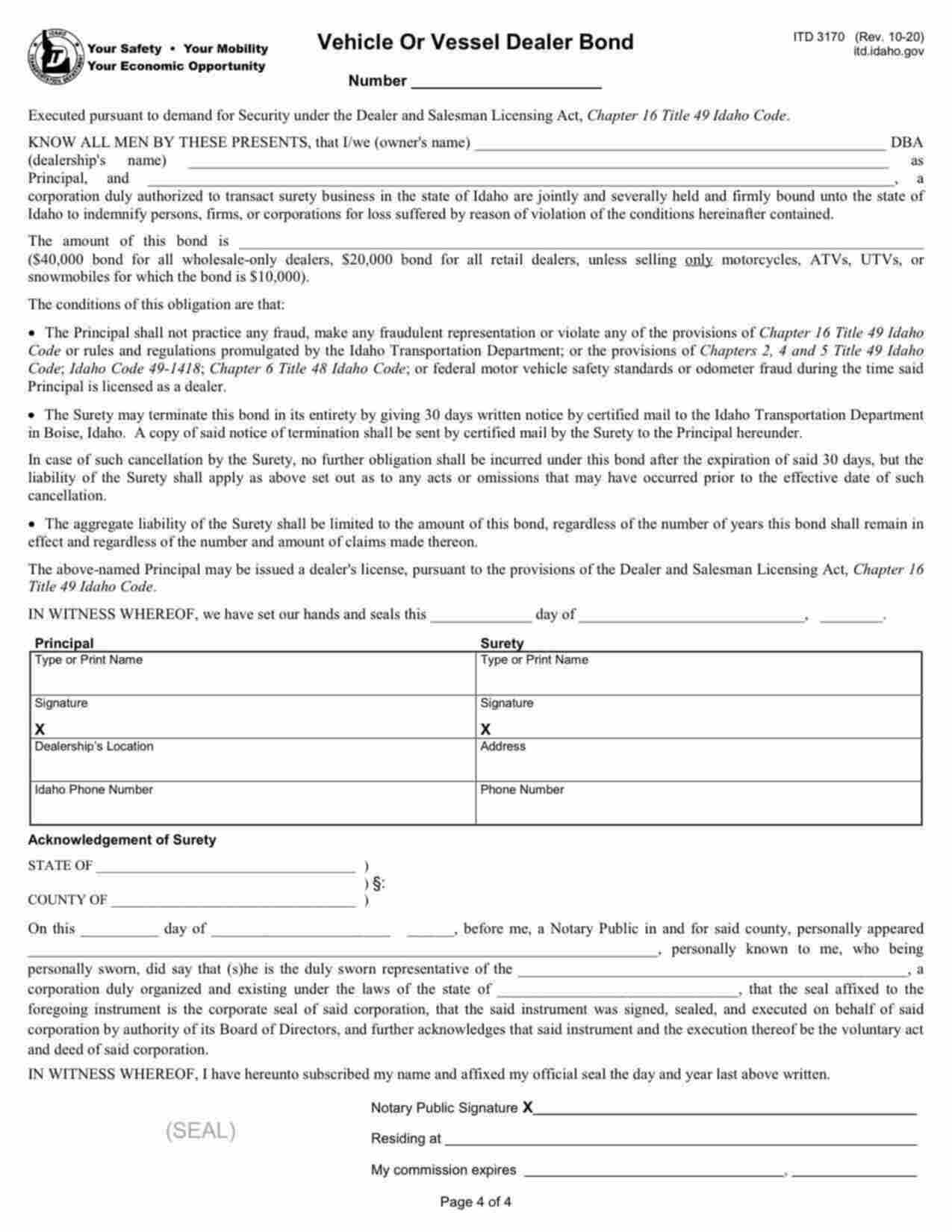 Idaho Motor Vehicle or Vessel Dealer Bond Form