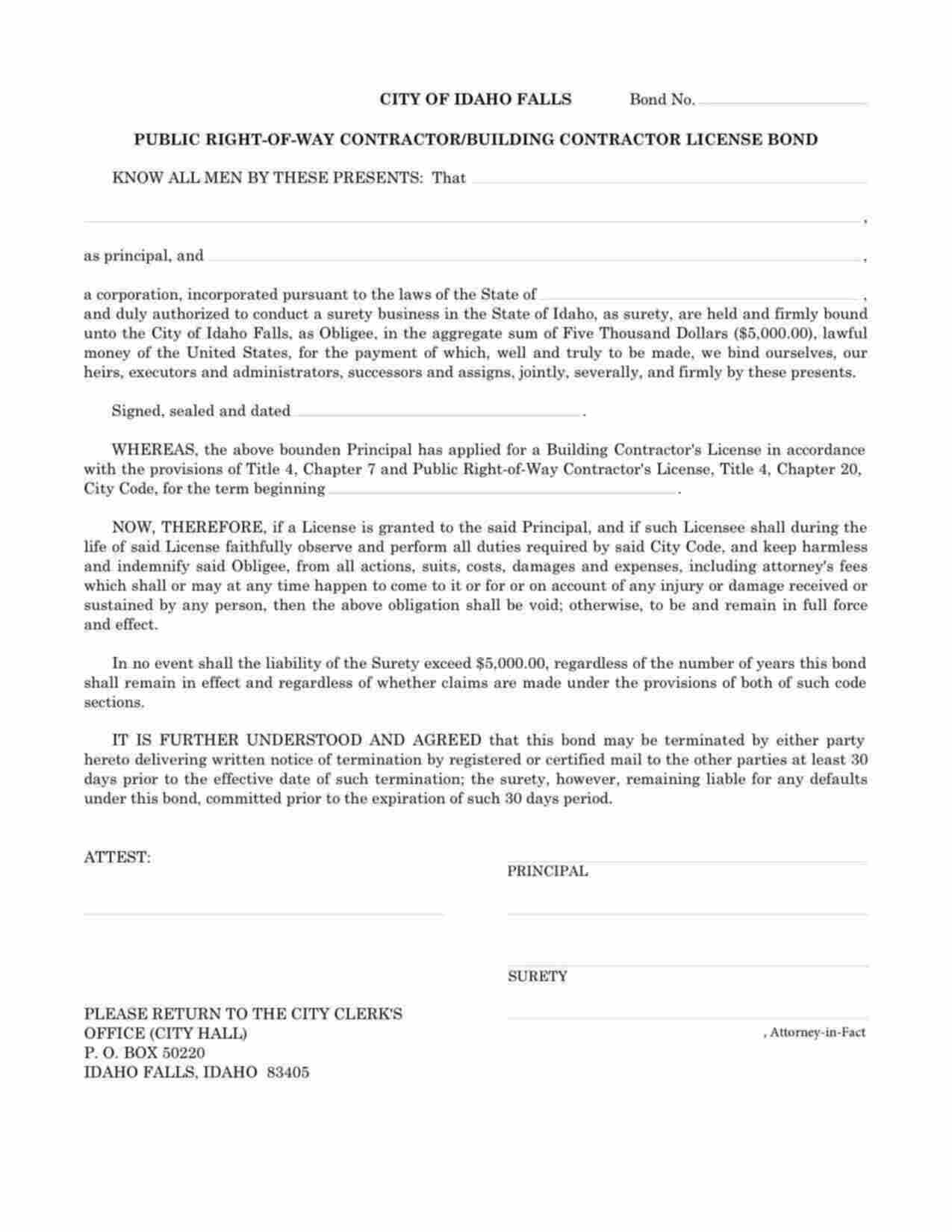 Idaho Public Right-of-Way Contractor/Building Contractor License Bond Form