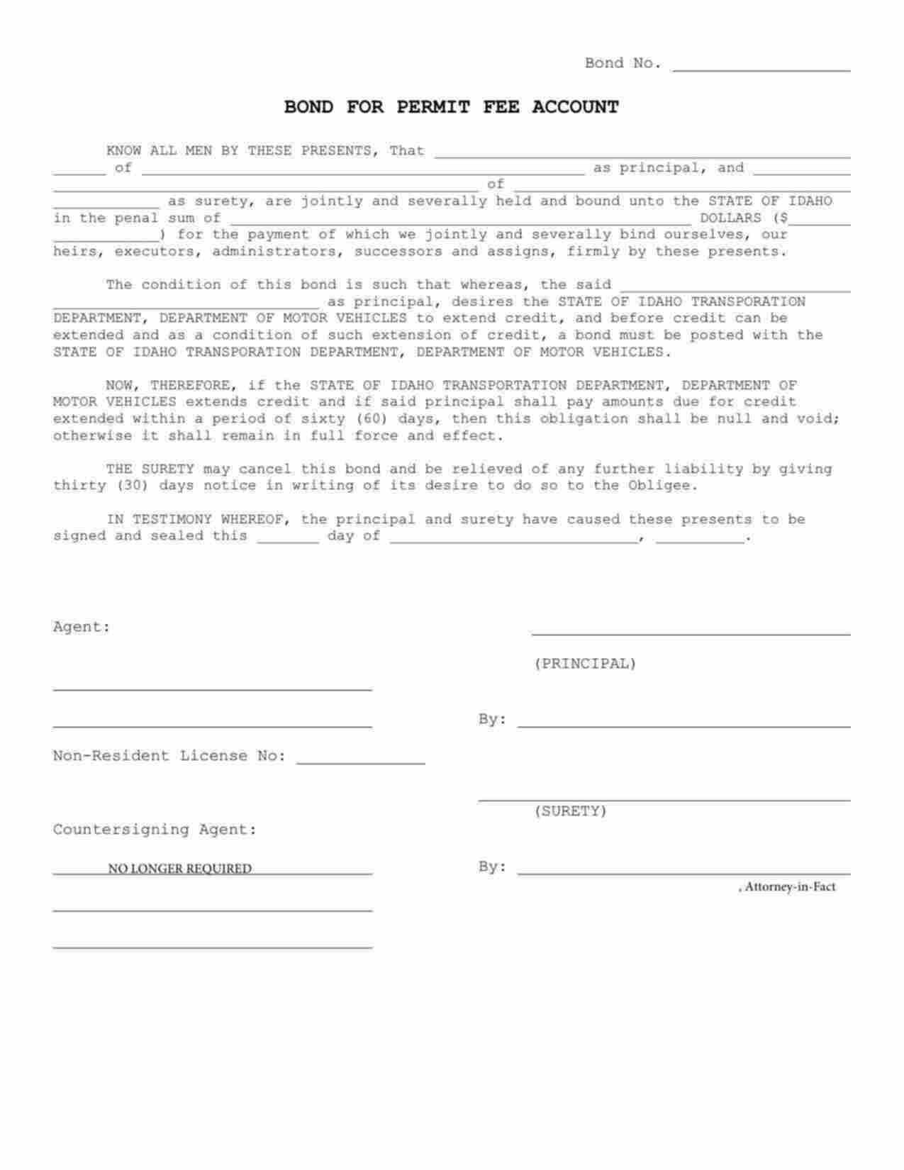 Idaho Oversize/Overweight: Permit Fee Account Bond Form