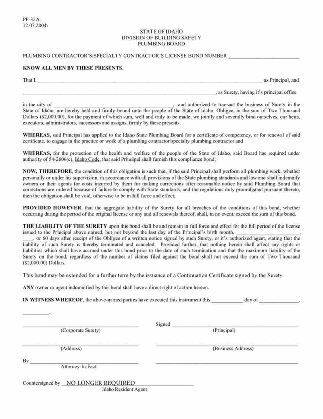 Idaho Plumbing Contractor / Specialty Contractor License Bond Form