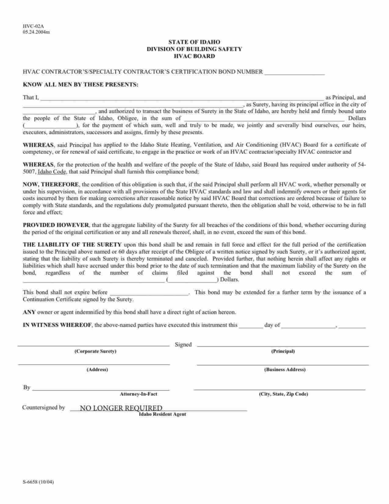 Idaho HVAC Contractor / Specialty Contractor Certification Bond Form