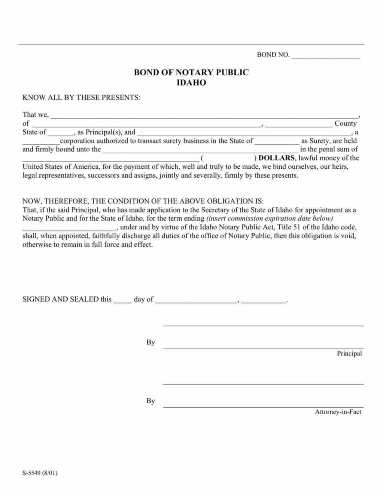 Idaho Notary Public Bond Form