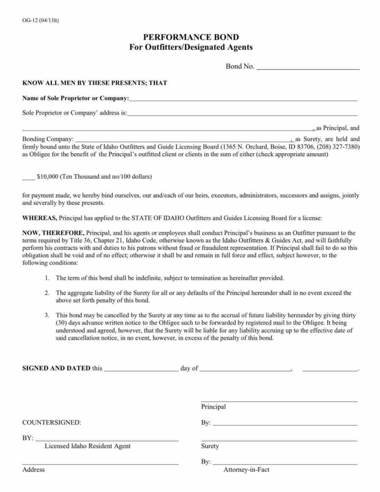 Idaho Outfitters/Designated Agents Bond Form