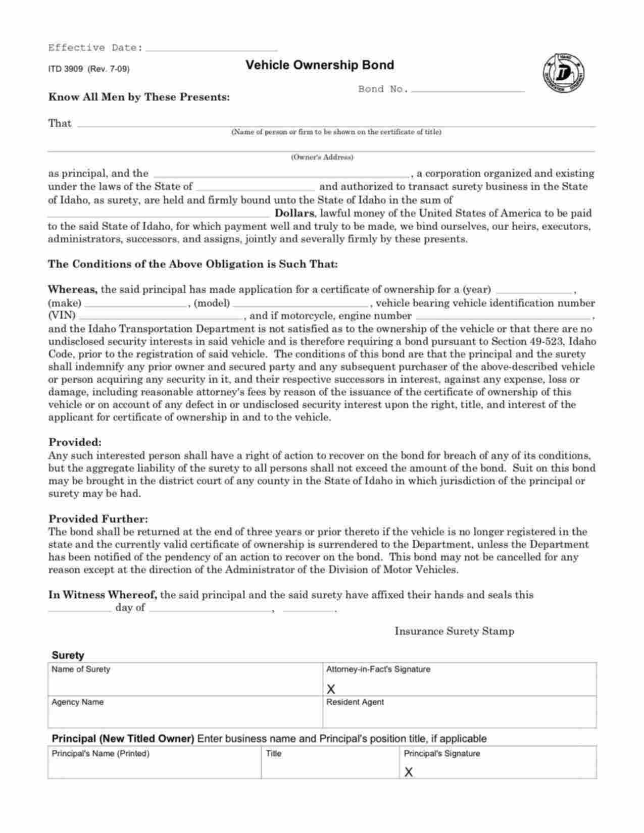 Idaho Motor Vehicle Certificate of Ownership Bond Form