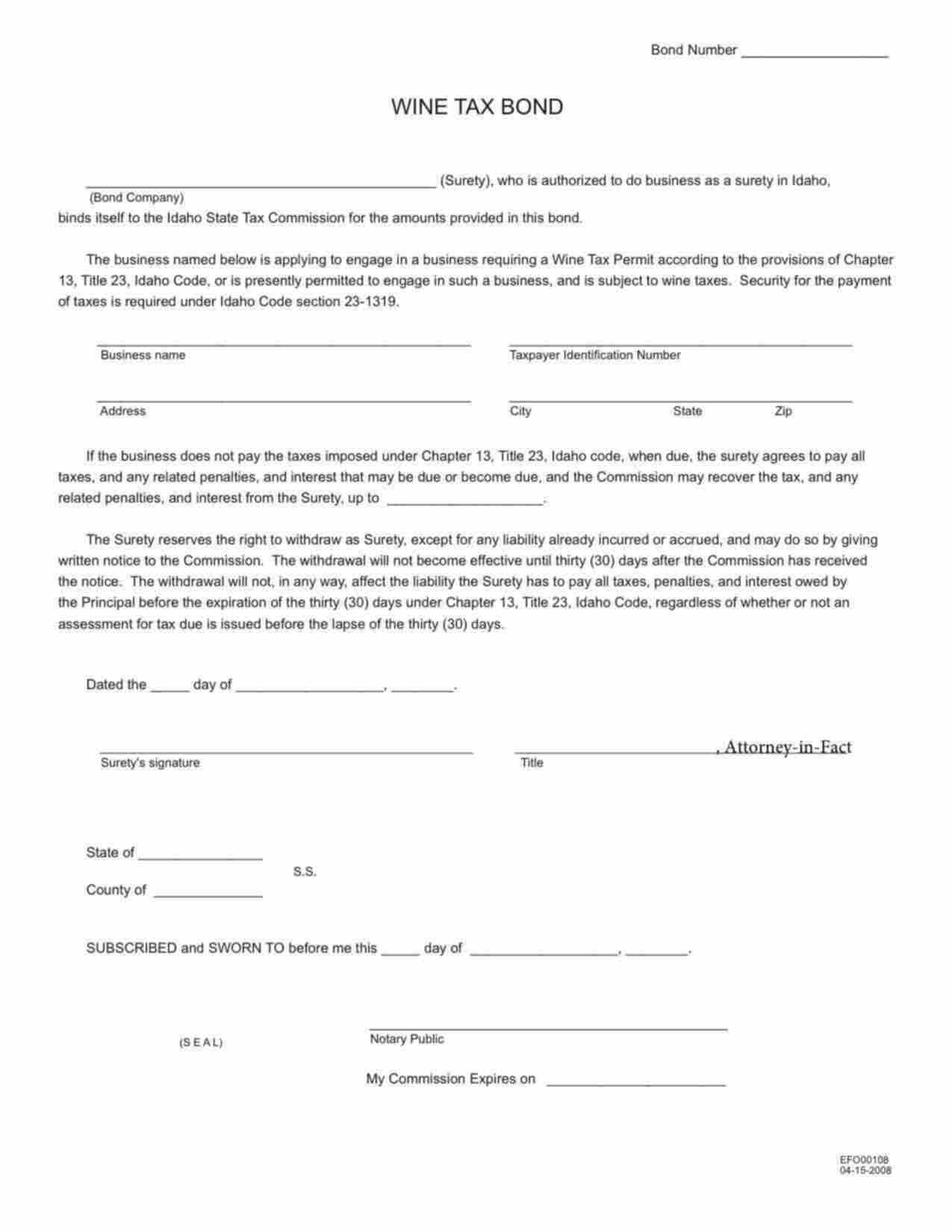 Idaho Wine Tax Bond Form