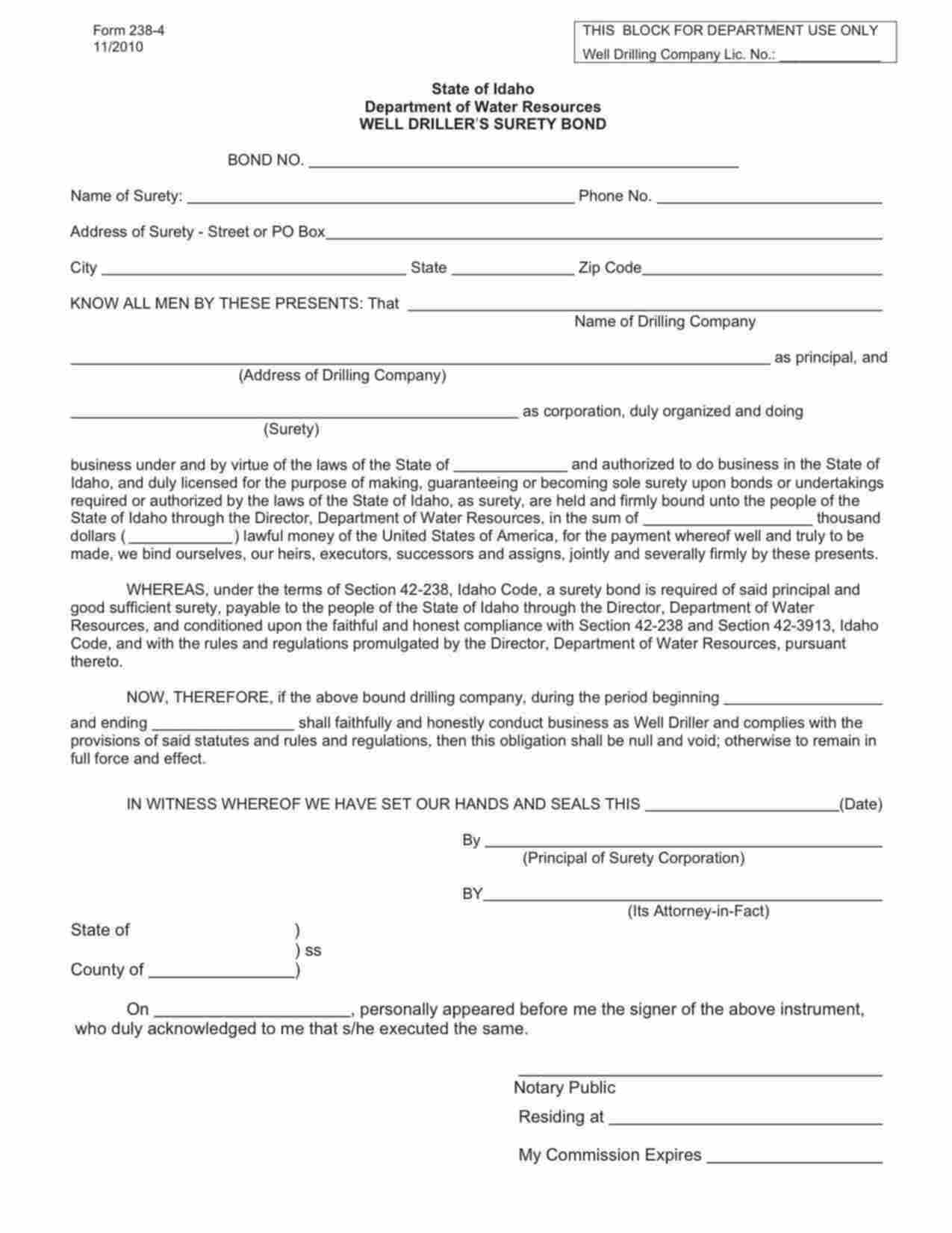 Idaho Well Driller Bond Form