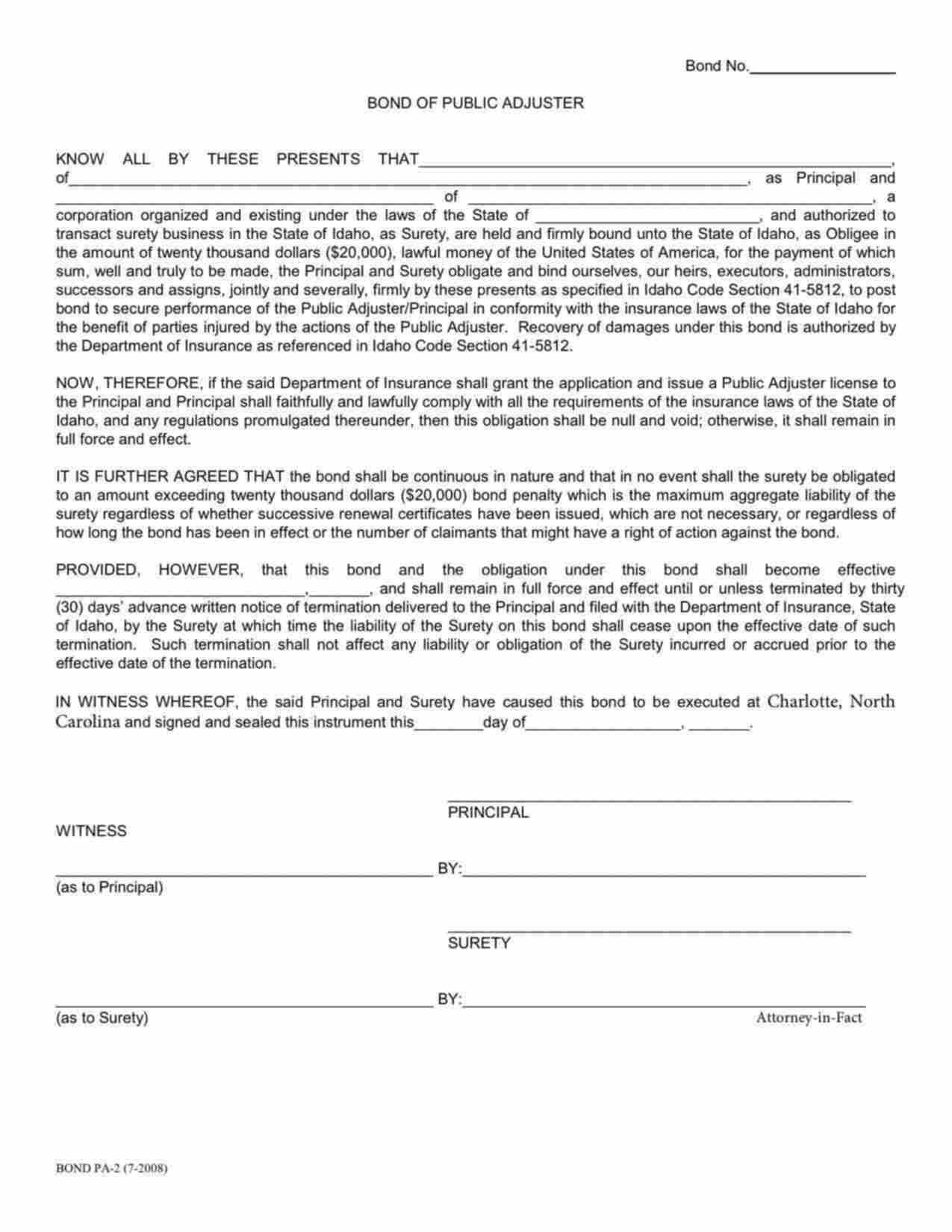 Idaho Public Adjuster Bond Form