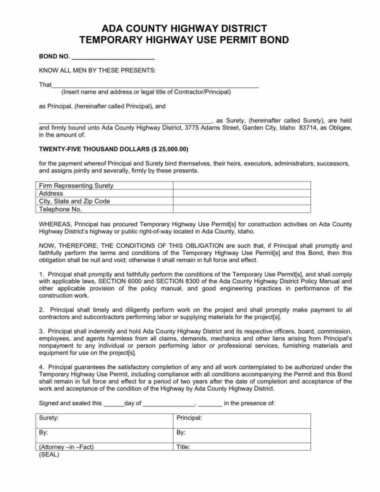 Idaho Temporary Highway Use Permit Bond Form