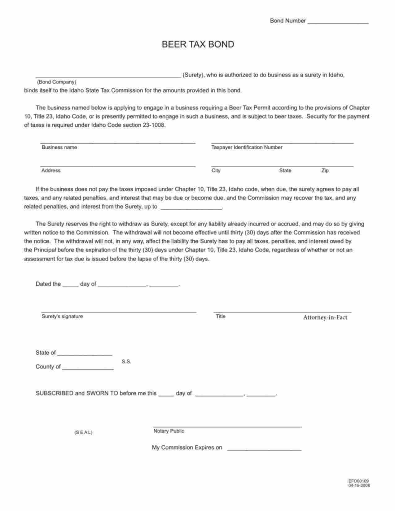 Idaho Beer Tax Bond Form