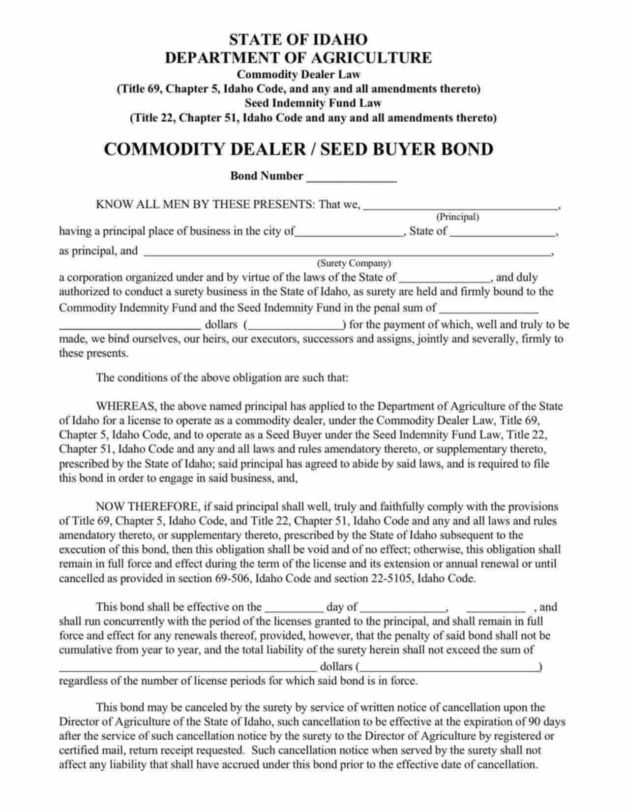 Idaho Commodity Dealer / Seed Buyer Bond Form