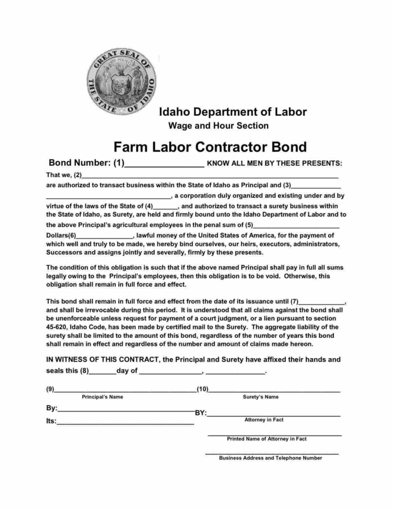 Idaho Farm Labor Contractor Bond Form