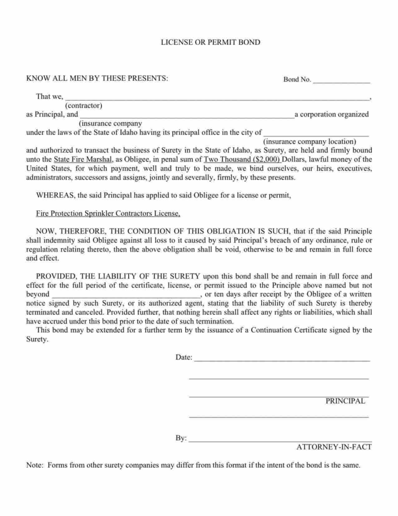 Idaho Fire Protection Sprinkler Contractor Bond Form