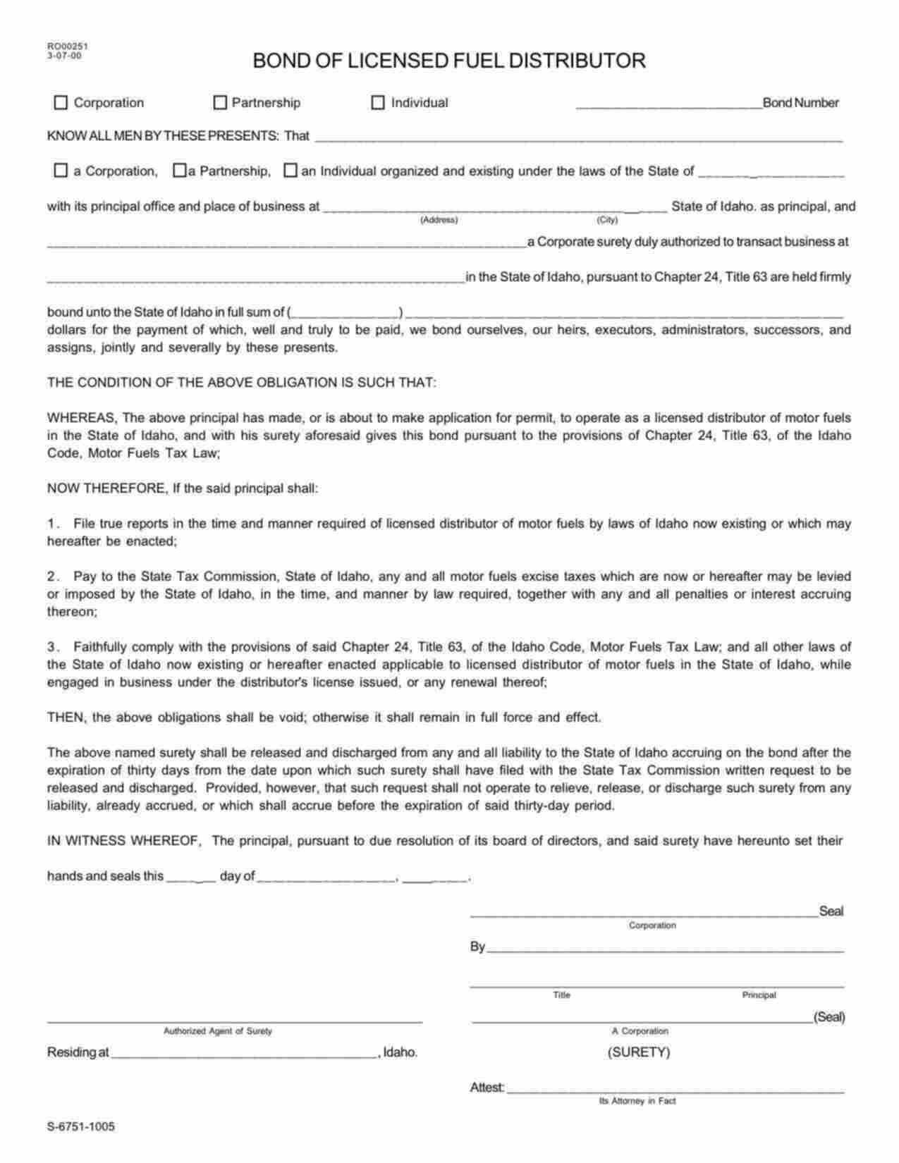 Idaho Licensed Fuel Distributor Bond Form