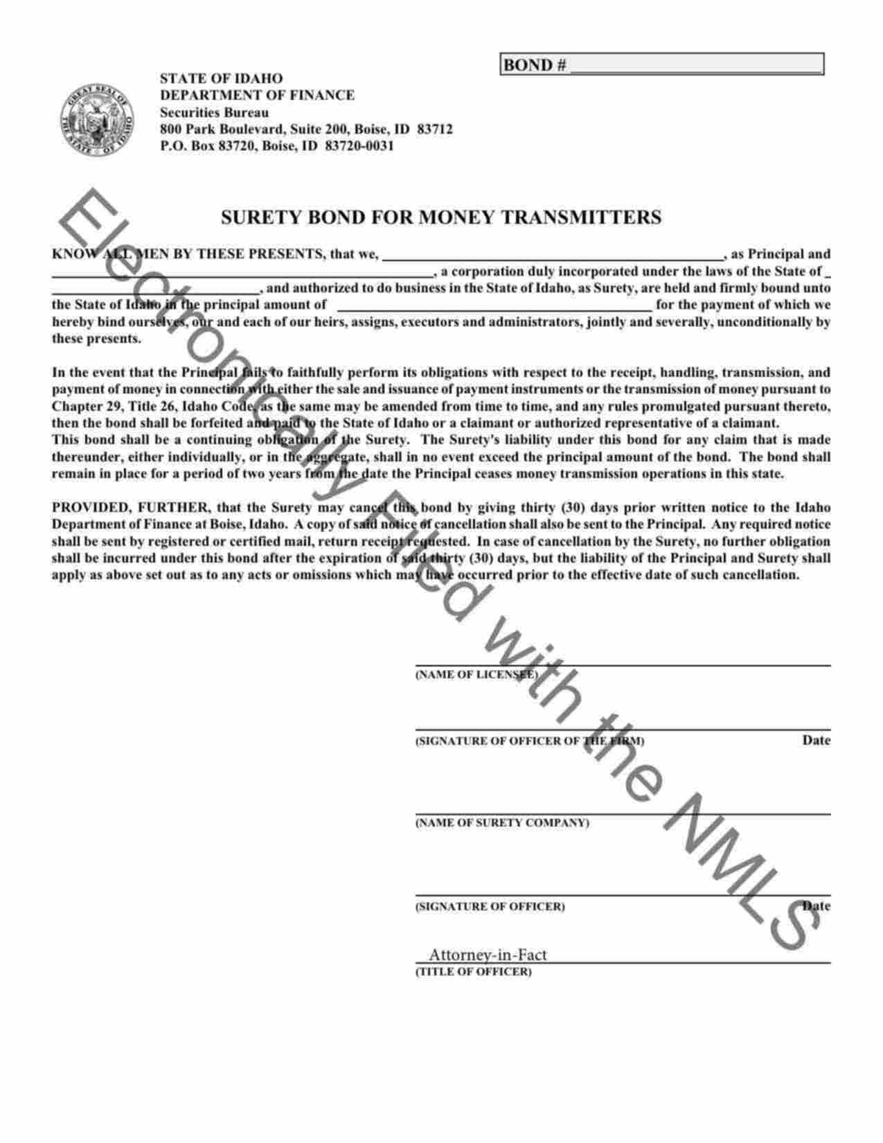 Idaho Money Transmitter Bond Form