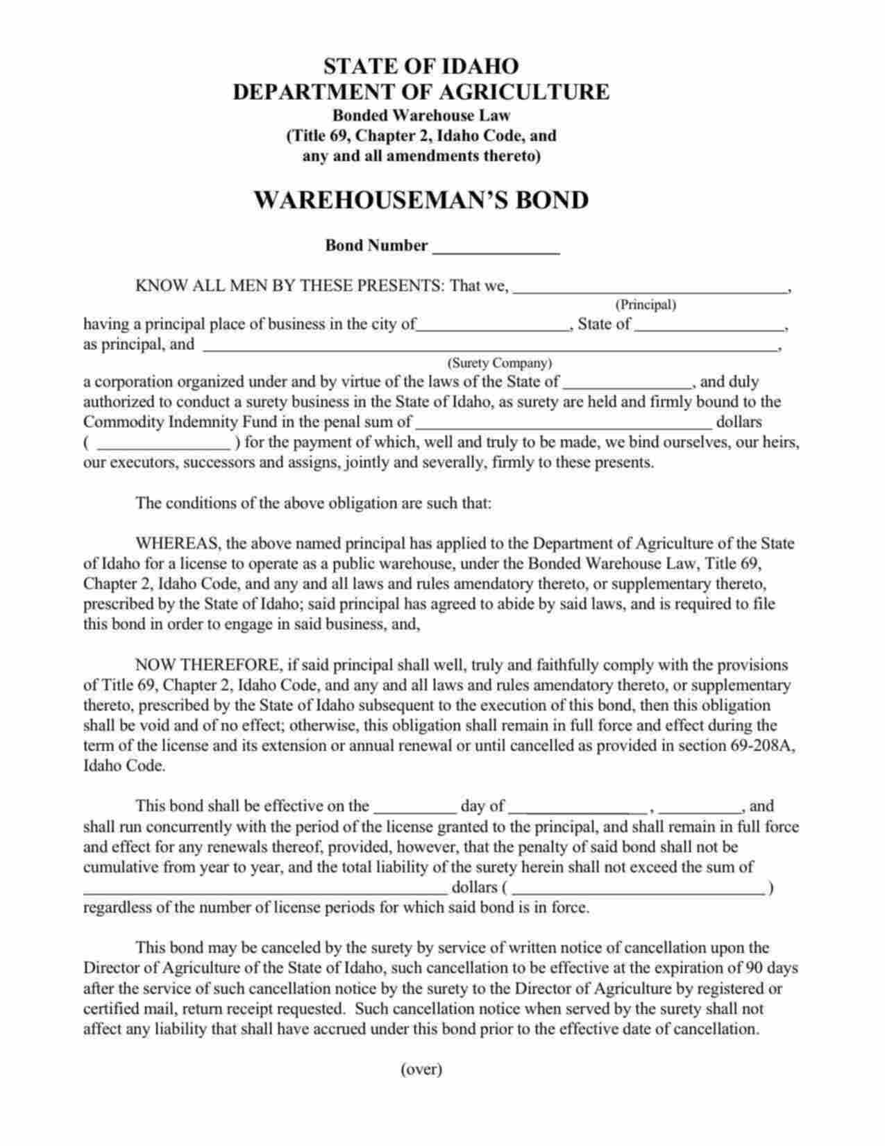 Idaho Warehouseman Bond Form