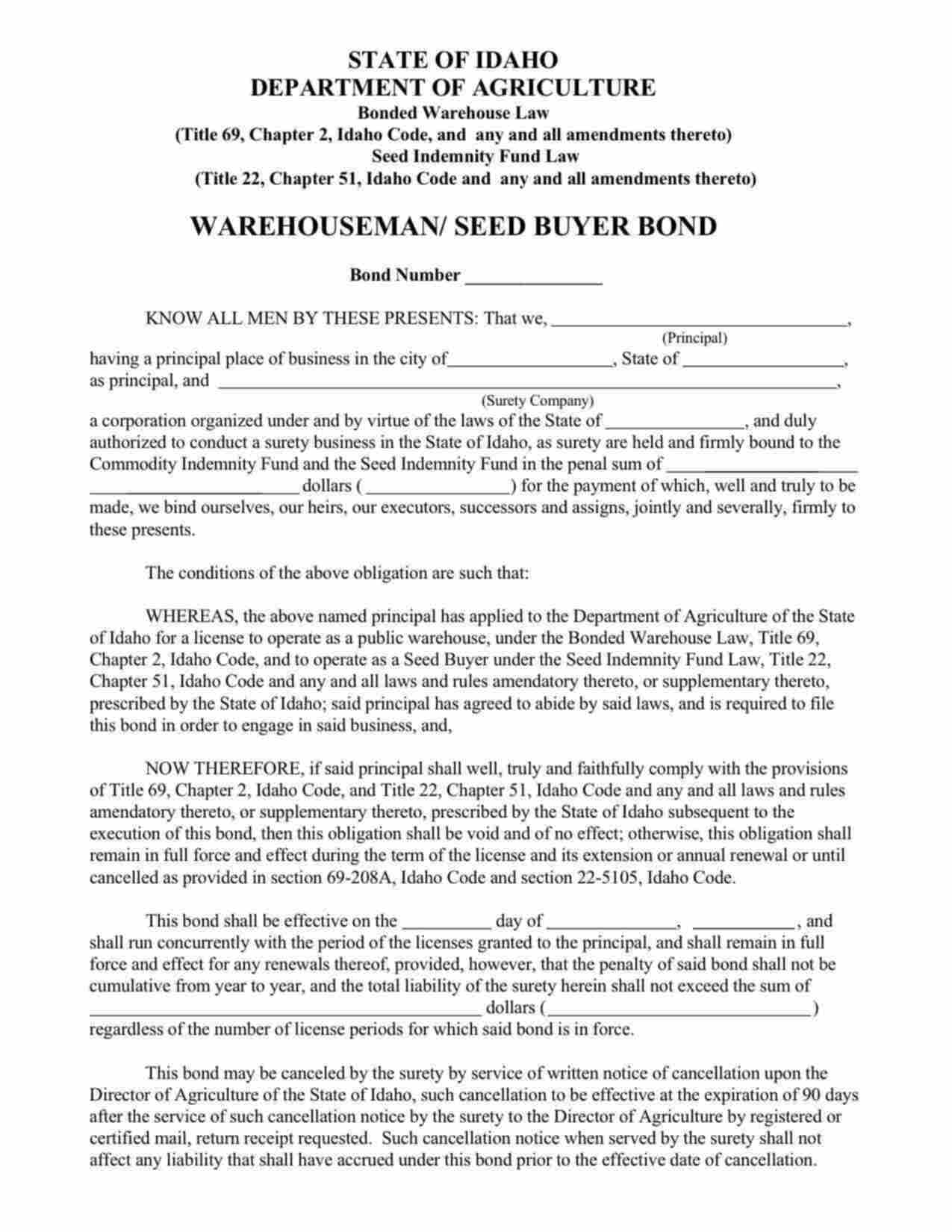 Idaho Warehouseman/Seed Buyer Bond Form