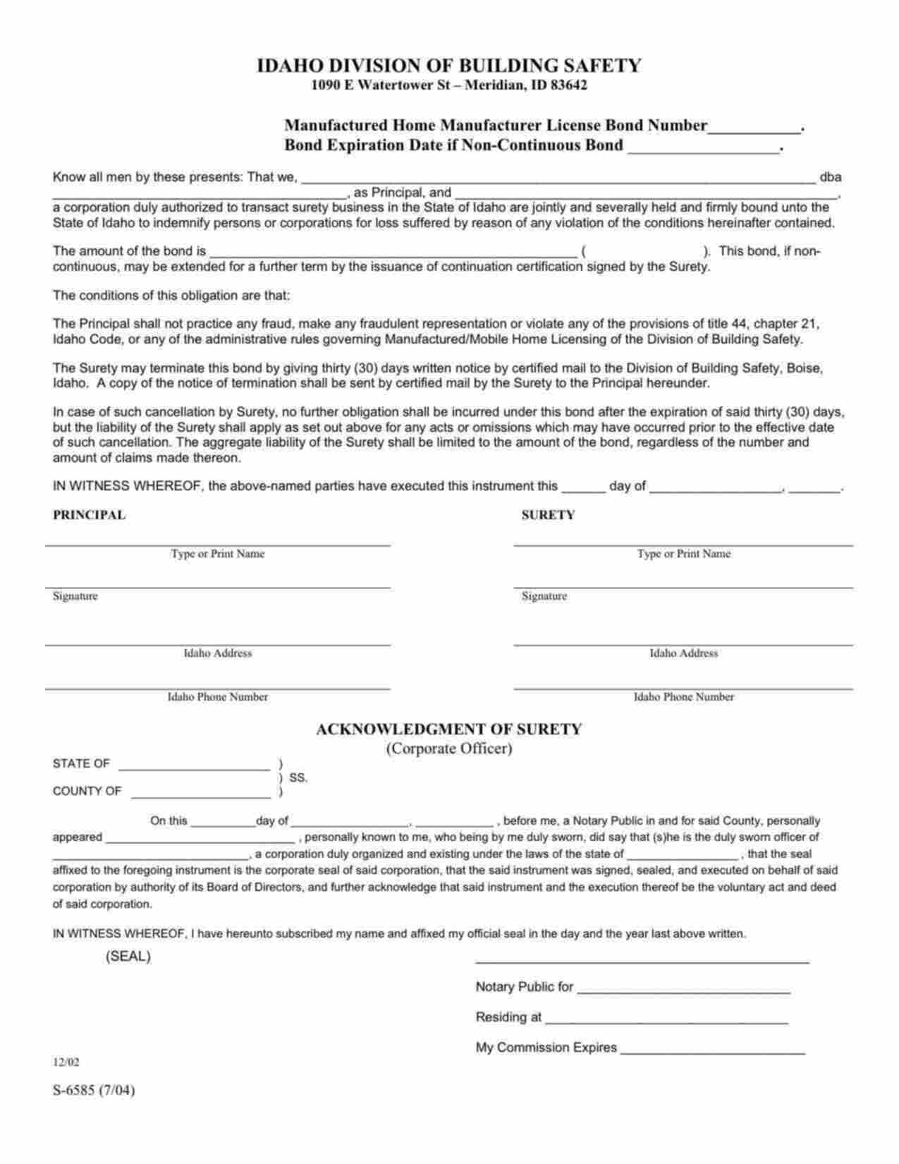 Idaho Manufactured Home Manufacturer License Bond Form