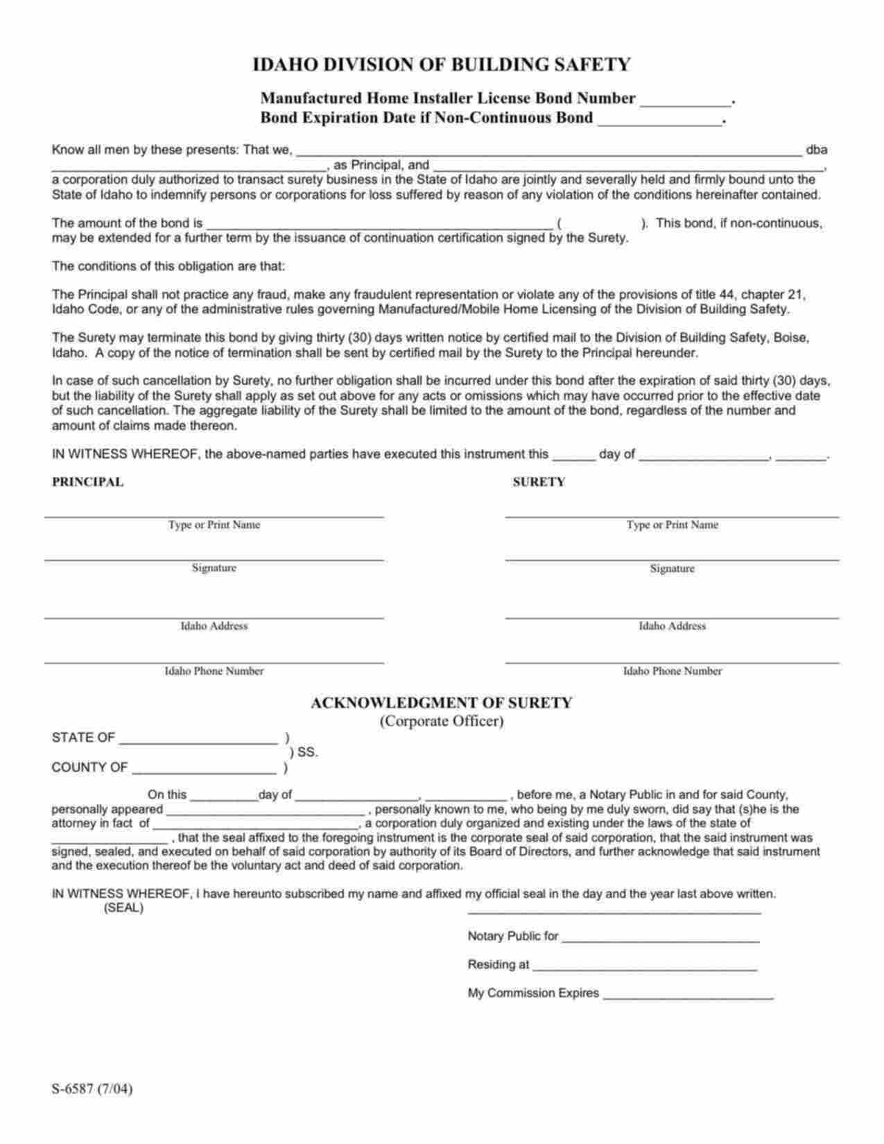Idaho Manufactured Home Installer License Bond Form