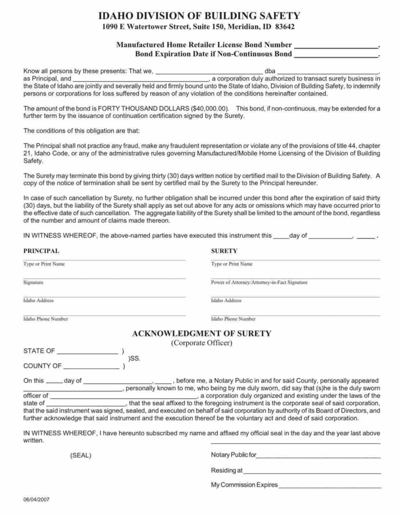 Idaho Manufactured Home Retailer License Bond Form