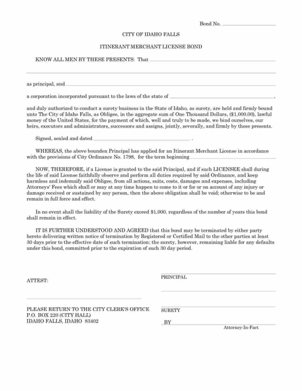 Idaho Itinerant Merchant Bond Form